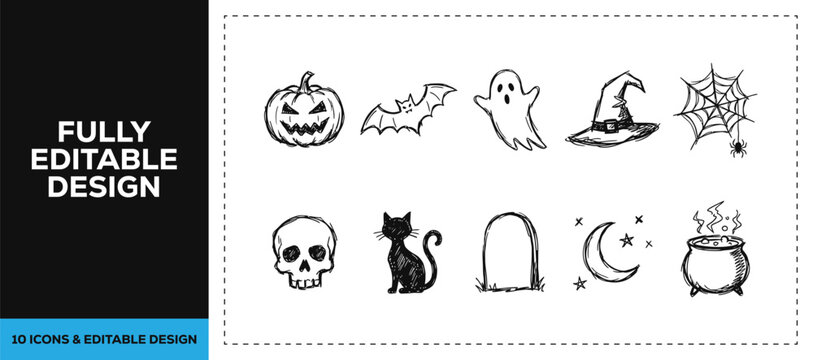 Black ink scribble hand drawn doodle sketch vector icon set featuring halloween spooky pumpkin ghost and black cat isolated on white background texture festive holiday art