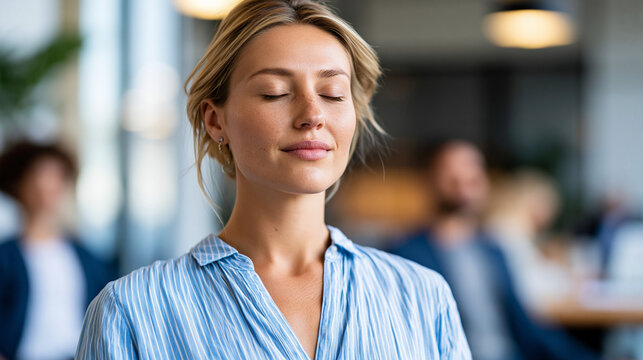 Corporate mental wellness image showing group mindfulness pause during busy workday in modern office, emotional health concept, workplace balance photography, blurred office