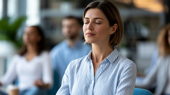 Corporate mental wellness image showing group mindfulness pause during busy workday in modern office, emotional health concept, workplace balance photography, blurred office