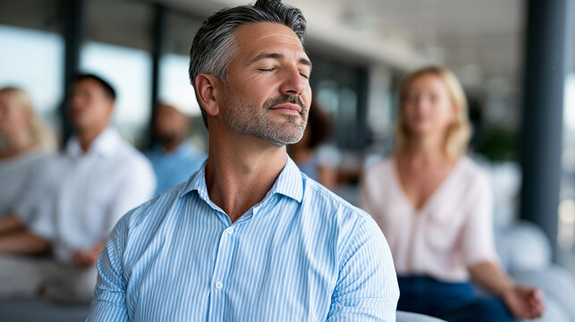 Corporate mental wellness image showing group mindfulness pause during busy workday in modern office, emotional health concept, workplace balance photography, blurred office
