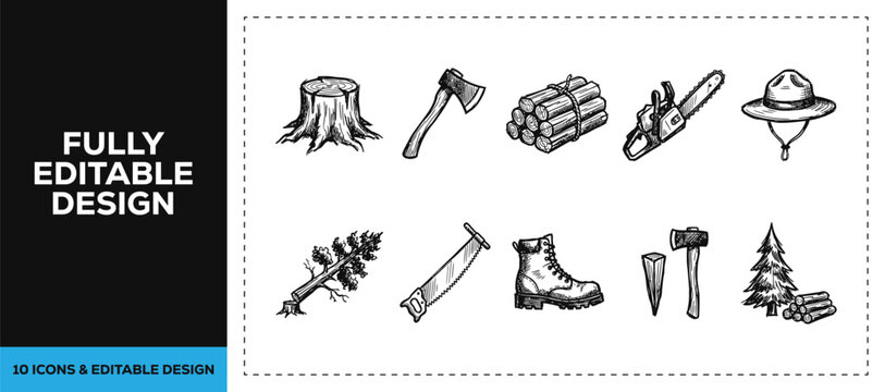 Black ink scribble hand drawn doodle sketch vector icon set featuring woodcutting tools axe and forest diy tools isolated on white background texture woodworking design art