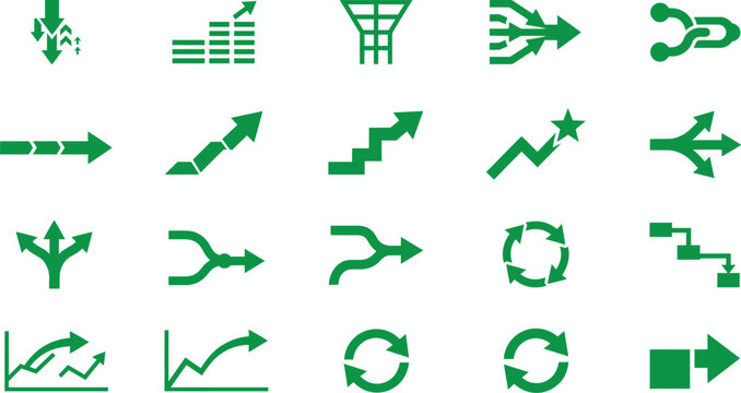 Collection of green direction arrow icons and symbols on a white background for navigation