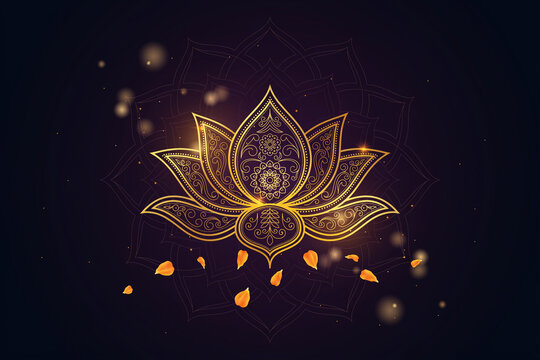 Golden lotus flower mandala on dark purple background, elegant spiritual yoga ornament with glowing light effects, luxury floral zen aesthetic