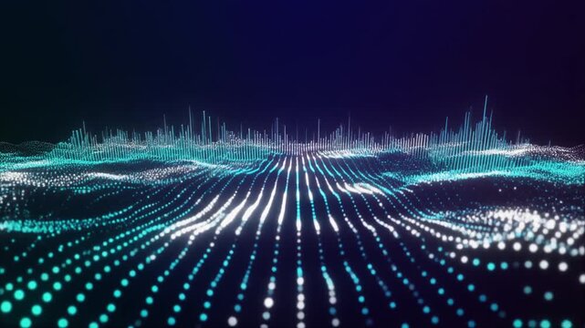 Futuristic Digital Data Waveform with Glowing Blue Particles and Equalizer Bars, Abstract Technology Motion Graphics Background