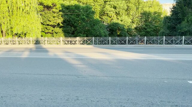 Morning shadows stretch across an empty street in Simferopol, Crimea. Dense green trees line the quiet road. This sunny scene creates a deeply calm and peaceful feeling.