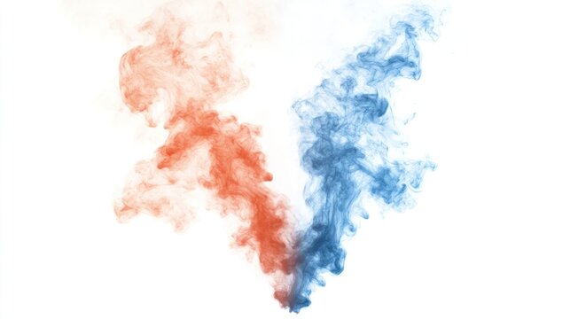 Collision of Colors: Red and blue smoke streams swirl and intertwine against a stark white background, creating a dynamic and abstract visual of opposing forces or ideas coming together.