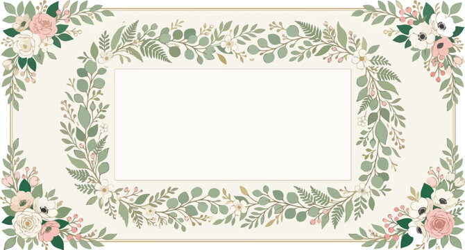 Floral Frame Border with Green Leaves and Pink Flowers, Decorative Graphic Design, Digital Illustration, White Background, Top View, Elegant Concept