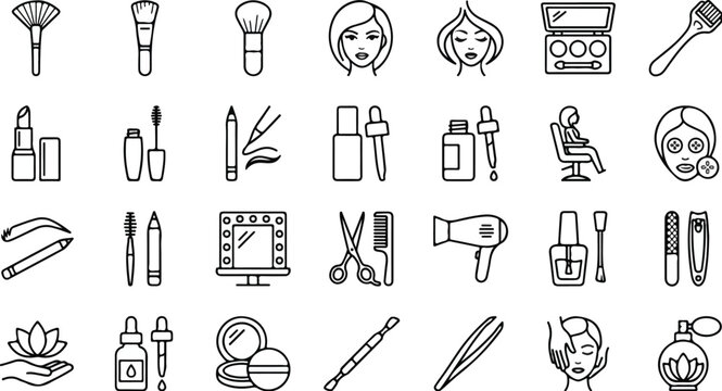 Beauty tools and cosmetic items arranged in flat lay style on white background for makeup and skincare routine