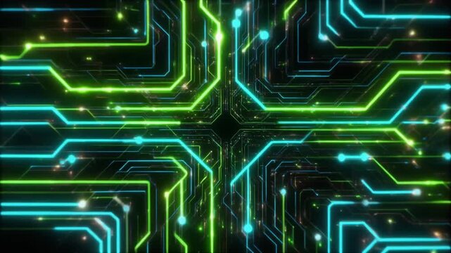 Animated Visualization of Glowing Neon Green and Blue Circuit Board Patterns, Futuristic Technology Network Seamless Loop