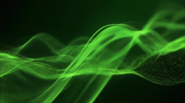 Seamless Loop of Abstract Green Glowing Particle Waves Flowing on Dark Background, Cinematic Full HD Motion Graphics