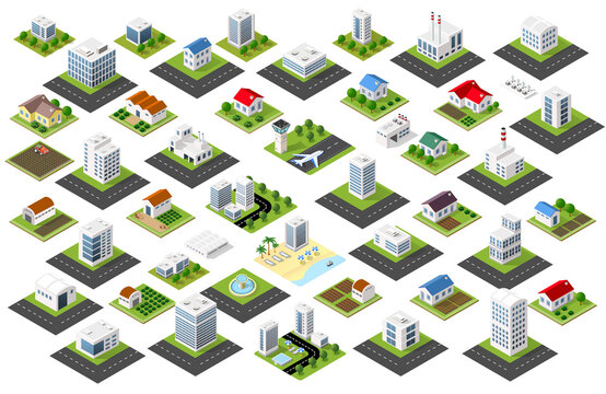 Isometric city elements set buildings roads houses collection
