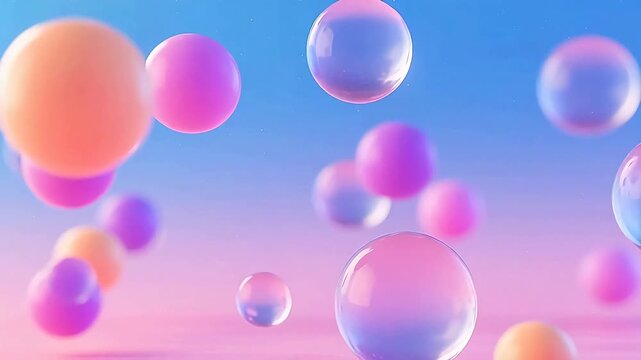 Colorful translucent spheres floating in dreamy sky