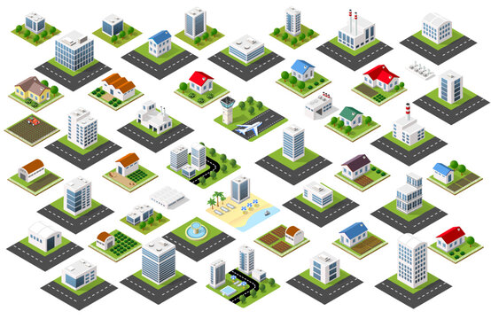 Isometric city elements set buildings roads houses collection