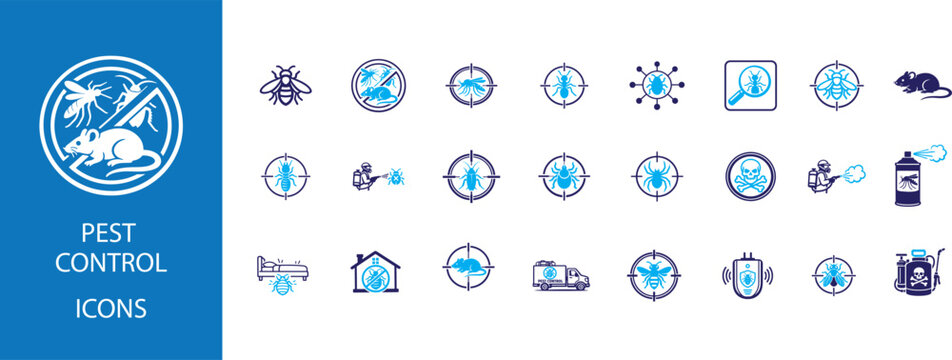 Pest control solid icon set with insect, spray, rat, termite, pesticide and extermination symbols.