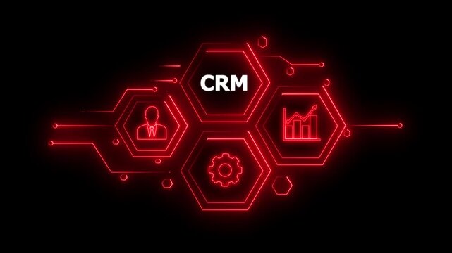 Abstract neon Hud knowledge ability business gear icon Glowing neon line concept. Glowing " CRM " button in German on a futuristic, abstract wave technology on black background. 4K animation video
