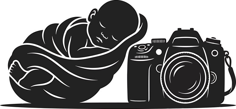 Newborn baby sleeping next to dslr camera icon with newborns
