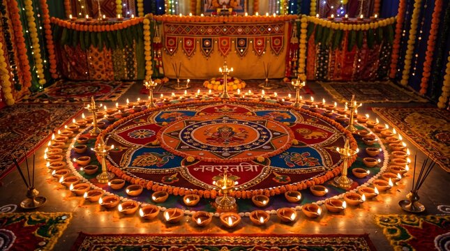 Navratri festival decoration with colorful rangoli and lit oil lamps