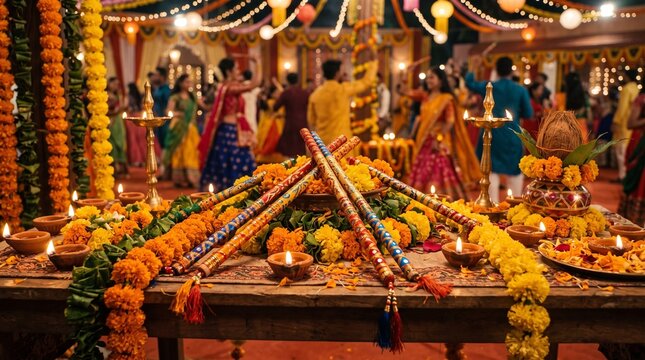Dandiya sticks and marigold flowers at navratri festival celebration
