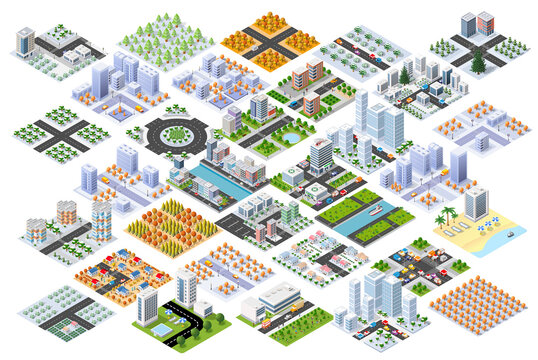 Isometric city elements set buildings roads houses collection