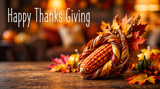 Thanksgiving cornucopia centerpiece with colorful corn, autumn leaves, and pumpkins on a rustic wooden table, festive holiday background