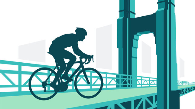 Minimalist illustration of a cyclist riding across a city bridge