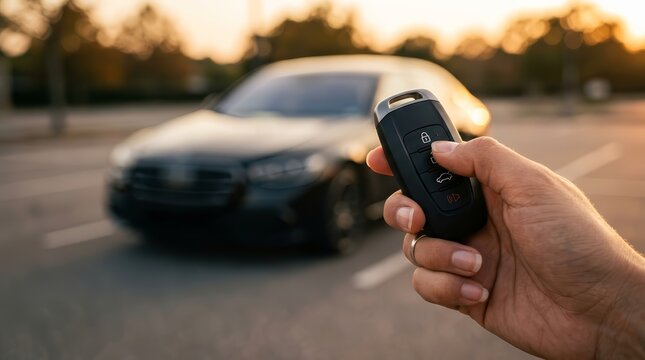 Hand holding a modern black car key fob ready to unlock the car.