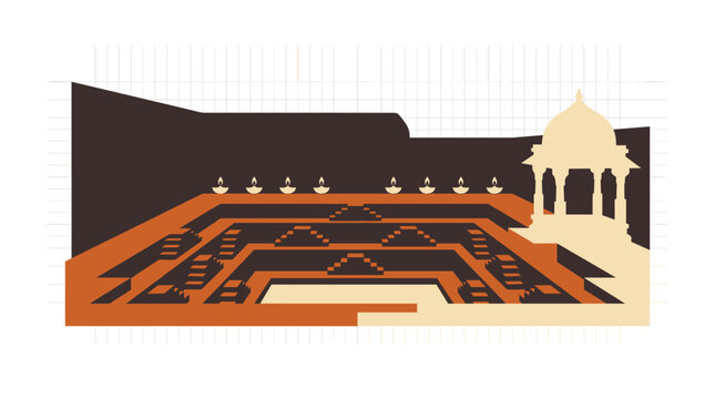 Minimalist Illustration of Traditional Indian Stepwell and Chhatri