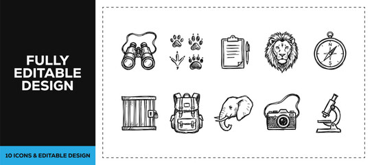 Black ink scribble hand drawn doodle sketch vector icon set featuring wildlife animals lion elephant safari and camera isolated on white background texture nature art © Graphics