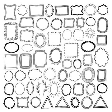 Collection of various hand drawn doodle frames, borders, and elements for design. Unique sketch style design objects