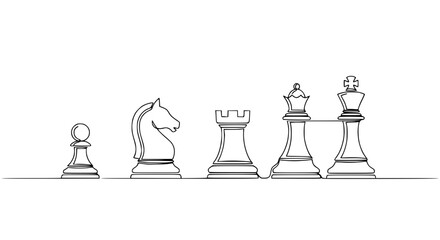 Continuous Line Drawing of Chess Pieces: Pawn, Knight, Rook, Queen, King © Chichi