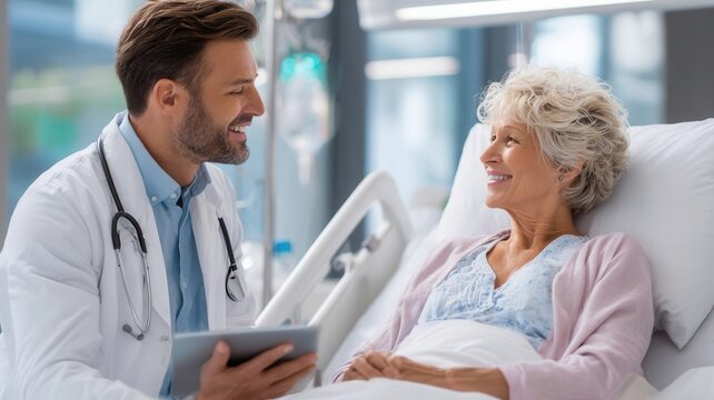 Doctor discussing medical information with senior woman patient in hospital room showing trust consultation and care during