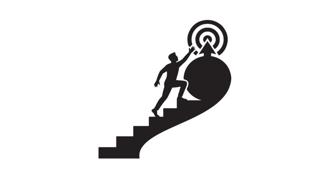 Premium black and white silhouette vector illustration of business growth and strategy, a rising staircase, compass, target, and human figure reaching upward in one elegant monochrome silhouette, mini