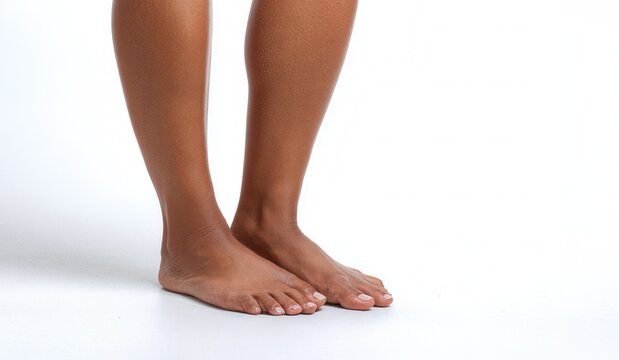 Person walking barefoot with dark skin stepping forward on a clean white background concepts health of movement