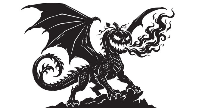 Unique premium Halloween black silhouette vector of giant dragon body merged with carved pumpkin head, smoke emerging from mouth, fantasy horror hybrid creature, sharp vector edges, isolated clean bac