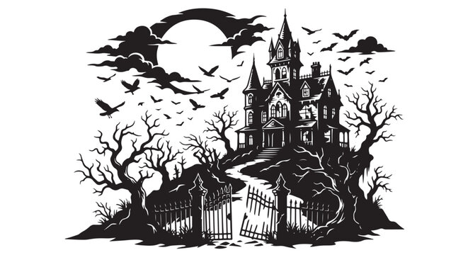 Premium black and white silhouette vector set of mysterious haunted mansion on hill, twisted dead trees, flying ravens, broken gate entrance, dramatic moon composition, ultra clean lines, isolated whi