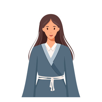 Flat vector illustration of a smiling woman in blue dress