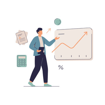 Man presenting financial growth chart with calculator
