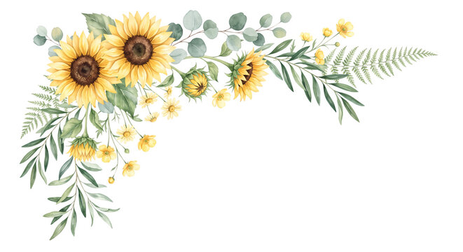Watercolor sunflower and greenery floral corner border for wedding invitations and botanical card designs