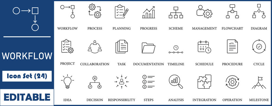 Workflow icon set. Containing process, planning, progress, scheme, management, diagram, flowchart and more. line vector icons collection.