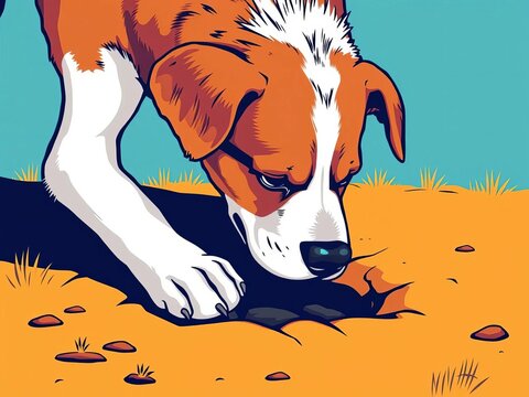 A dog digs a hole with its paw in a retro pop art style illustration, scene, ||retro
