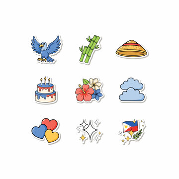 National Heroes Day Philippines Cute Doodle Hand-Drawn Sticker Icon Set &ndash; Patriotic Celebration Icons with Eagle, Traditional Hat and Celebration Cake
