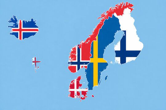 Political Map of the Nordic Countries and Scandinavia with National Flags