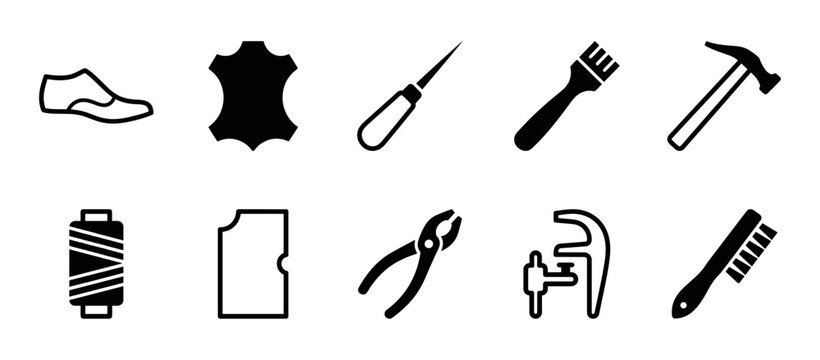 Set of black shoemaking icons for leatherworking and footwear repair, featuring a shoe, leather hide, hammer, awl, thread, and other craft tools in a minimalist vector style
