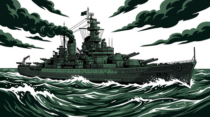 Vintage Style Battleship BB-74 Vector Illustration © Dhiyak
