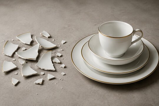 Broken porcelain fragments beside a flawless dinnerware set on a neutral tabletop.