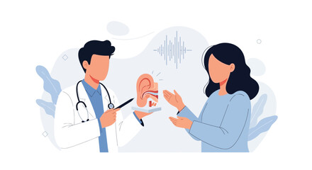 Fototapeta premium Audiologist explains ear anatomy and hearing to patient, with sound wave visualization