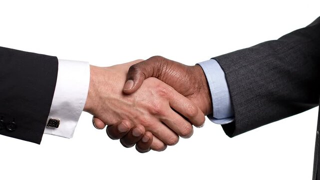 Diverse business partners shaking hands representing agreement, partnership, and successful deal on white background