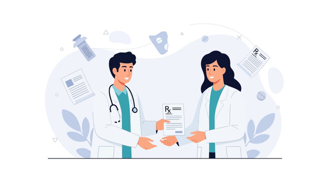 Diverse doctors collaborating, sharing medical prescriptions and knowledge in a modern, clean healthcare setting.