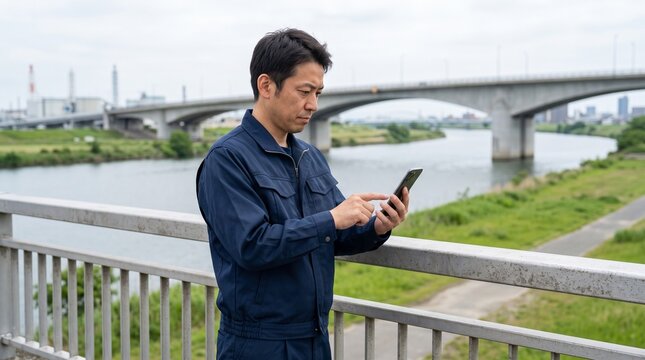 スマートフォンで河川の水位監視システムや洪水予測データを確認する手元