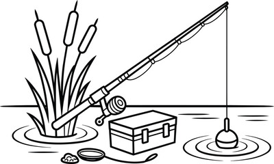 Fishing rod and tackle box coloring page featuring a floating bobber in water, cattail reeds, and a small net with bait in black outlines and sport © lok0077